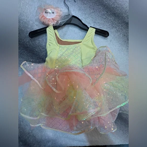 Revolution Dancewear Girl’s Yellow Peach Mesh Sequin Ruffle Costume Dress SC - Picture 7 of 9